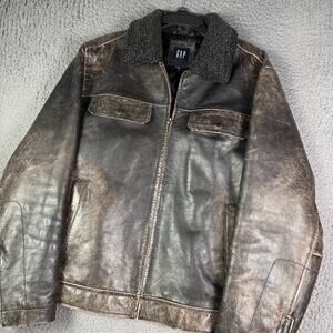 Vintage Gap Leather Trucker Jacket Mens M Brown Sherpa Collar Resident Evil